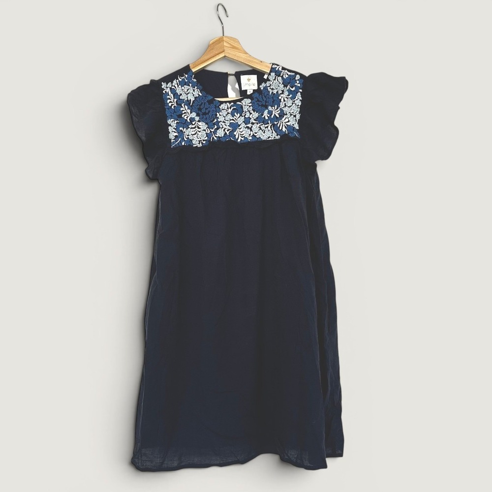 J.Marie Navy Embroidered Dress Small Ruffle Sleeve Boho Floral Square Neck